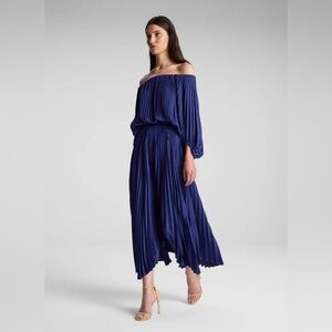 NWT A.L.C. Sienna Satin Pleated Off-Shoulder Dress in Riviera
